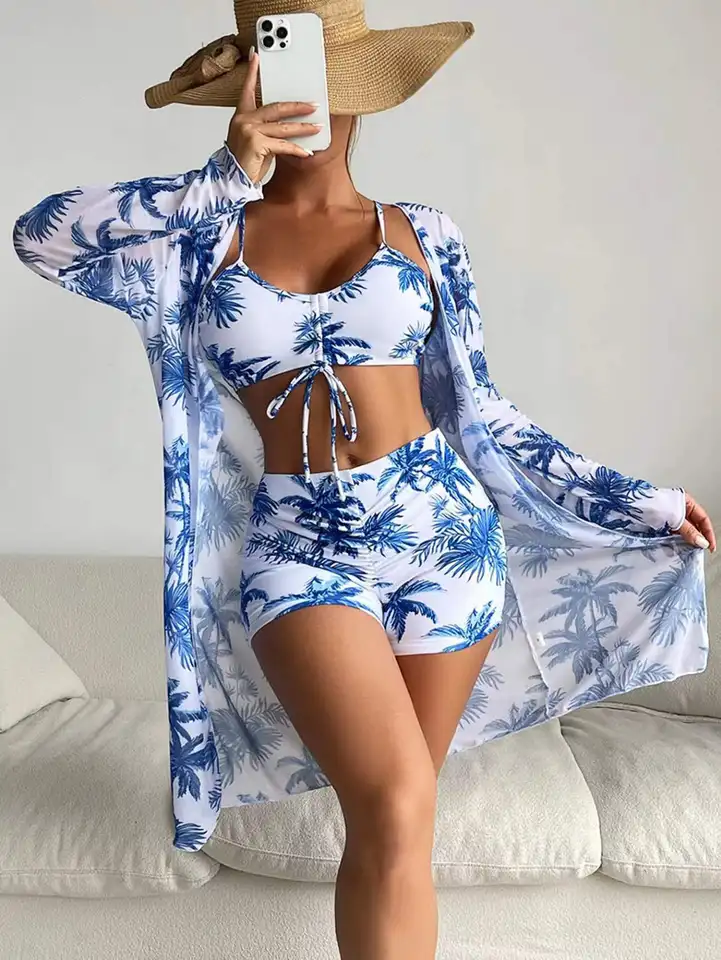 Dámske plavky 3-dielne sada Multicolor Mesh Blúzka móda sexy nohavice s dĺžkou nohy trojdielne set dámske bikiny bikiny