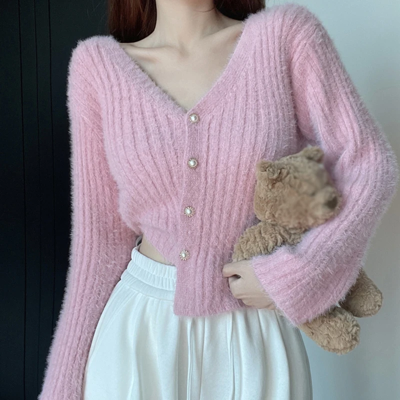 Dámske pletené krko Vysoky plkané svetrové tuhé farebné napodobňovanie Mink kožušina Pearl Buckle hrubé sveter krátke vrcholy