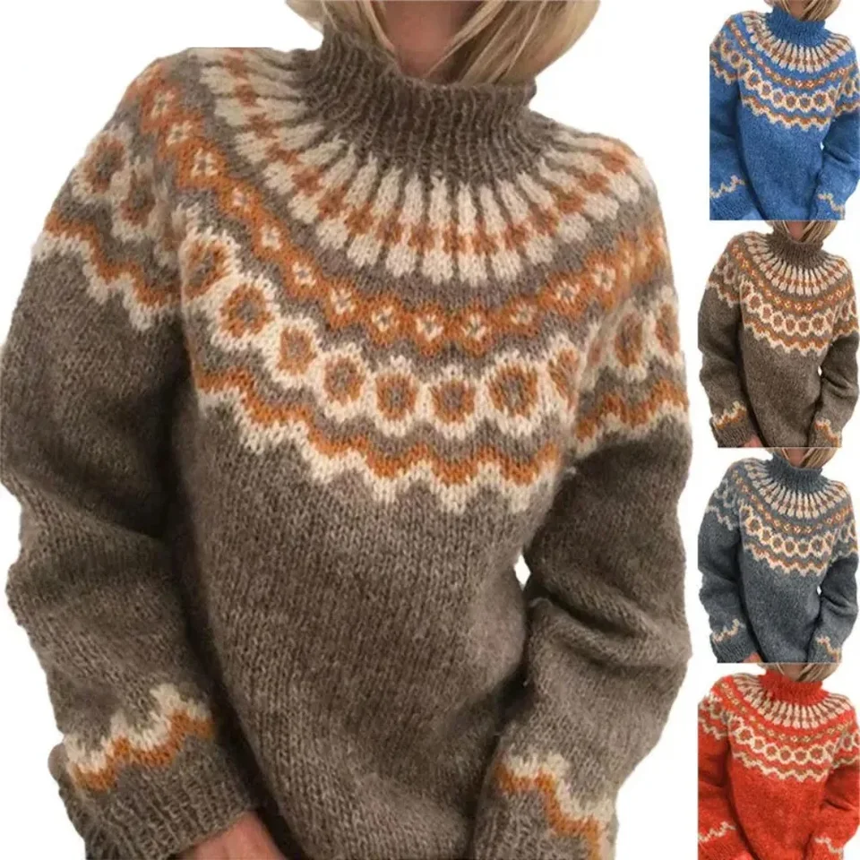 Dámske pletené sveter pruhy s vysokým rolovým krkom Jumper jesenná zima Nordic Casy Loose Loose Pullover Tops pletene S-3xl