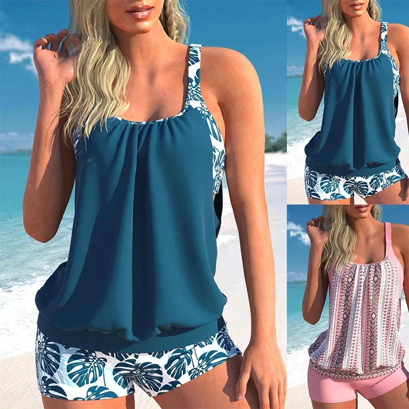 Dámske plážové oblečenie masívne farebné listy dámske dámske plavky Tankini Halter krk dvojdielne set bikiny set Beachwear S-6XL