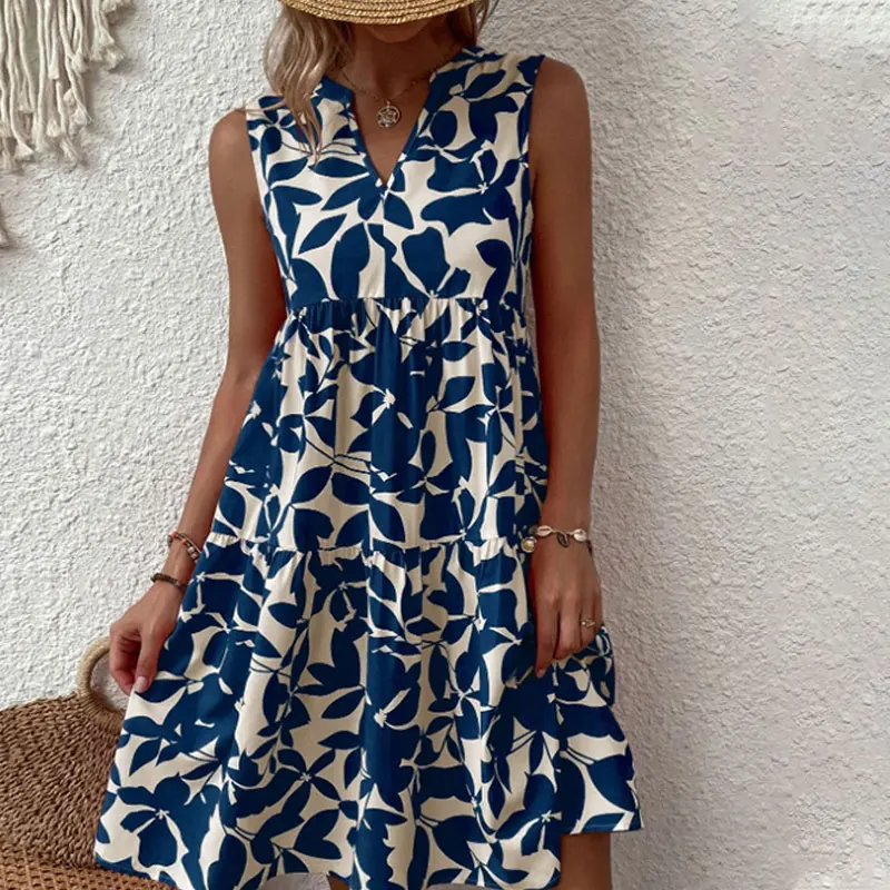 Dámske plážové šaty bez rukávov Dámy boho voľné večierky Elegantné šaty neformálne kvetinové tlač V krk skladané letné midi šaty