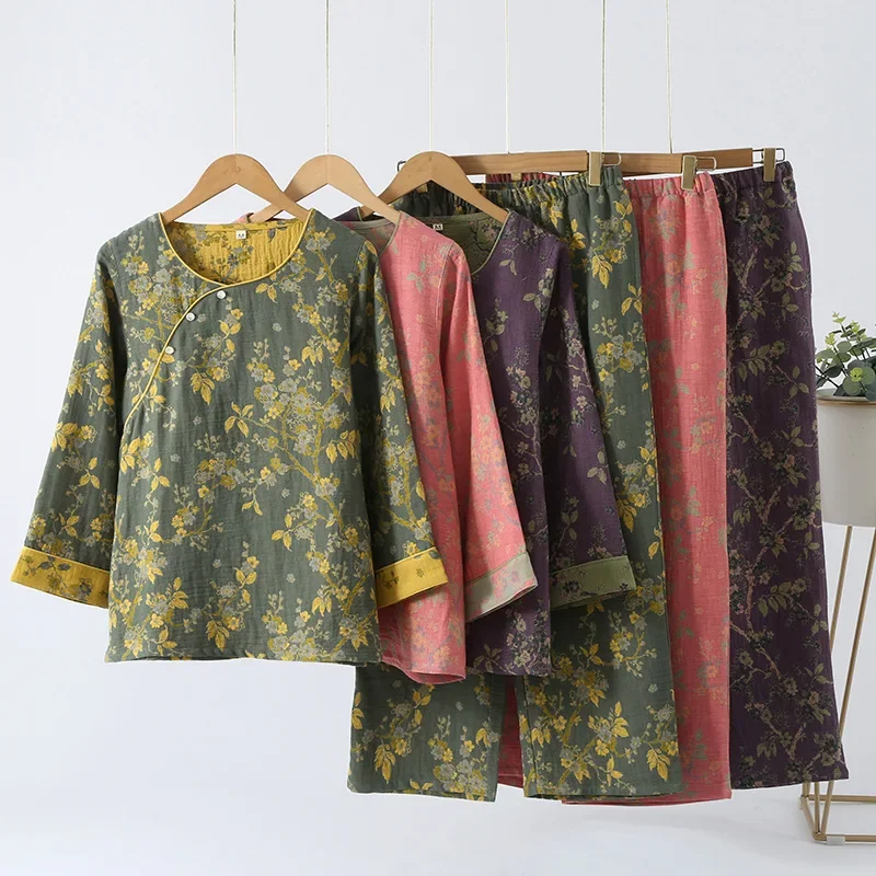 Dámske pyžamy v čínskom štýle, čistá bavlna, retro farba, tkaný jacquard, domáce oblečenie, nohavice s dlhými rukávmi, diagonálny golier