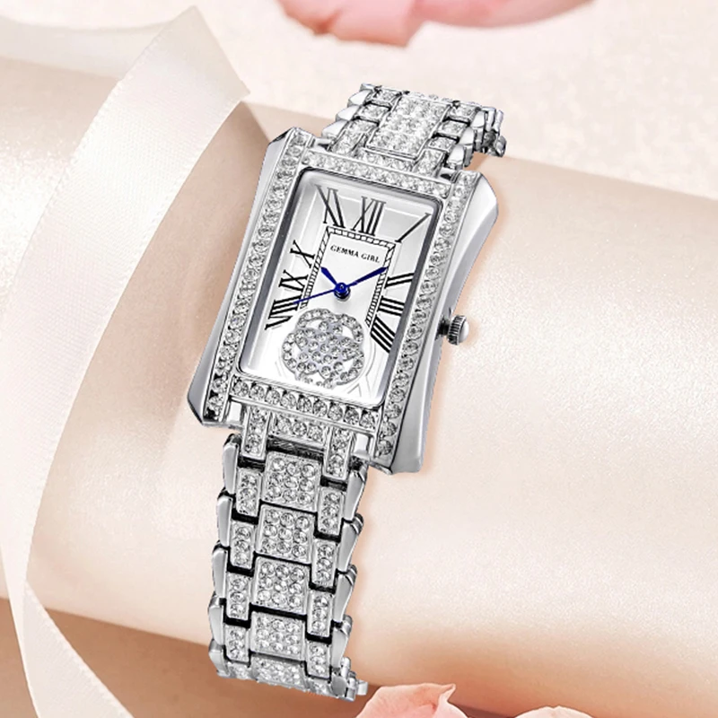 Dámske Quartz Watch Classic Gemma Girl Zircon Roman Dial Obdĺžnik Zápraty Dámy jednoduché hodiny Girlfriend Gift Reloj Mujer