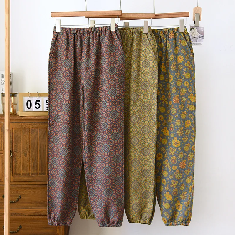 Dámske retro bavlnené pyžamové nohavice priadza zafarbená jacquard dizajn tenký a voľný salónik nosiť elastický pás spánku spánok spánok