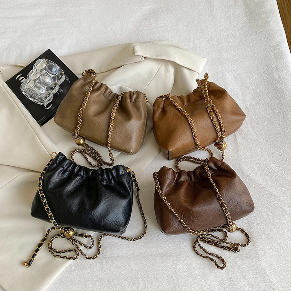 Dámske reťazové rameno tašku Pu kožené krížové kabelky všestranné Pleatd Hobo Bag Satchel Sling Bag Denná zoznamka