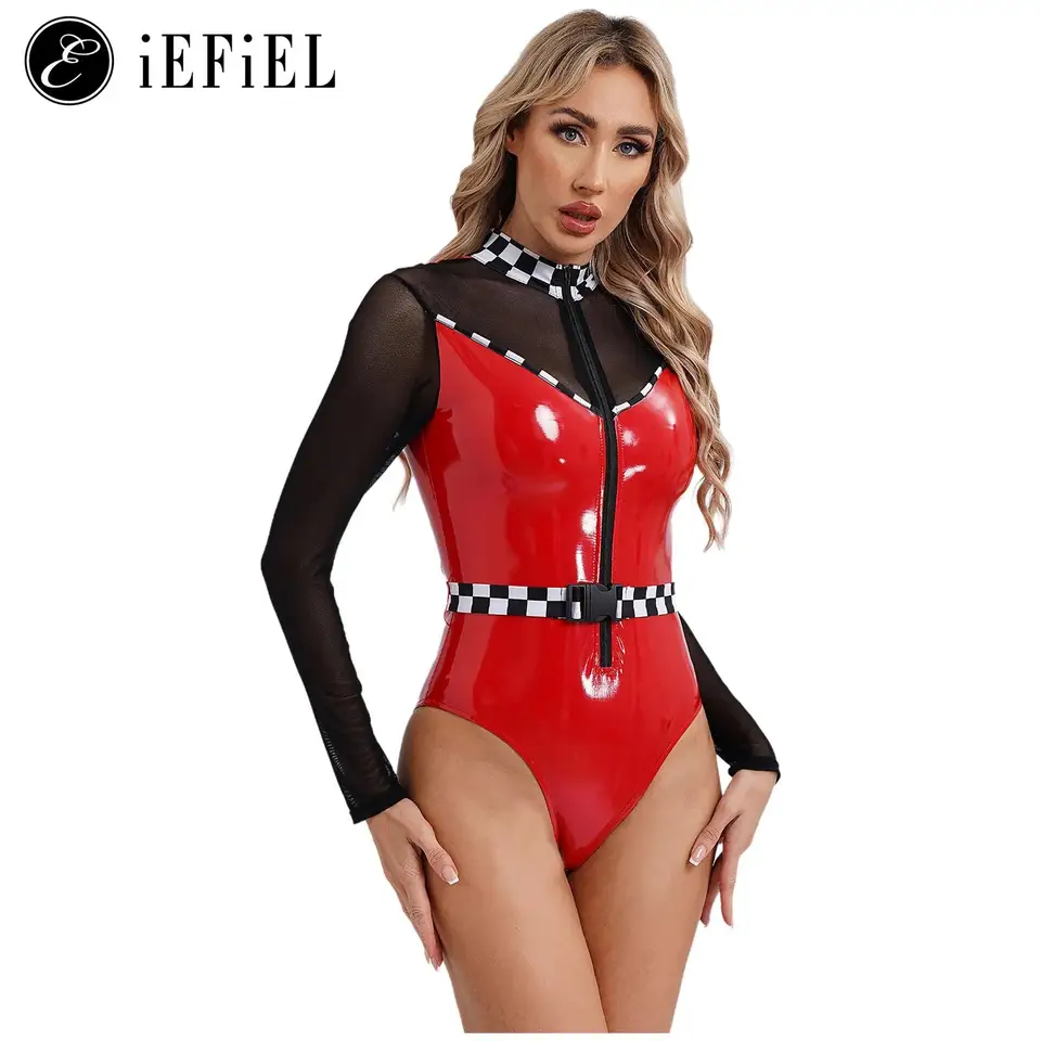 Dámske rýchlostné vozidlo vodiča kostým slova rukáv s dlhým rukávom Zips Up High Cut Leather BodySuits F1 Sexy Racer Girls That Club Dancewear