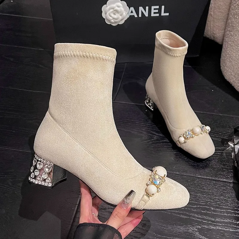 Dámske semišové členkové topánky Square Toe Crystal Midpal for Women Pearl Smhinestones 2025 Trendy Elegantné šaty zimné vysoké podpätky