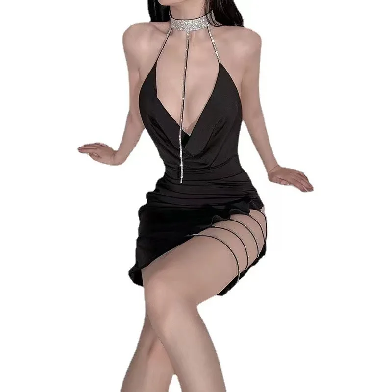 Dámske sexy spodné prádlo Čierny nočný klub Hip zabalený Uniforma pokušenia Outfit popruhy nočná košeľa bočná štrbina Sleewear