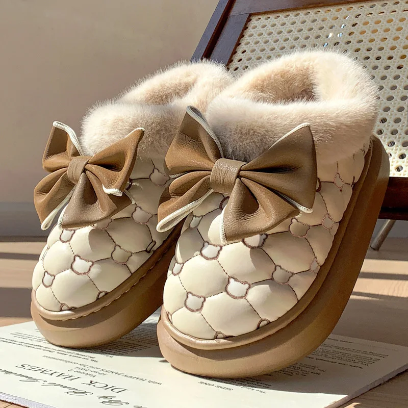 Dámske snehové topánky Zimná kožušina Warm Hrubé členkové topánky Ženy Bowknot bavlnené topánky Pohodlné vodotesné topánky Zapatos mujer