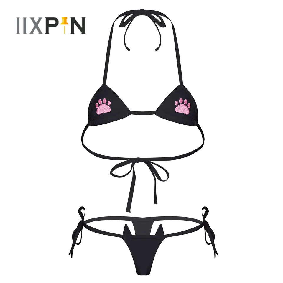Dámske spodné prádlo Bikini set dámske labky Vyšívané dve kusy plavky plaviek plavky na krk na krk-up podprsenka s briefami G-String