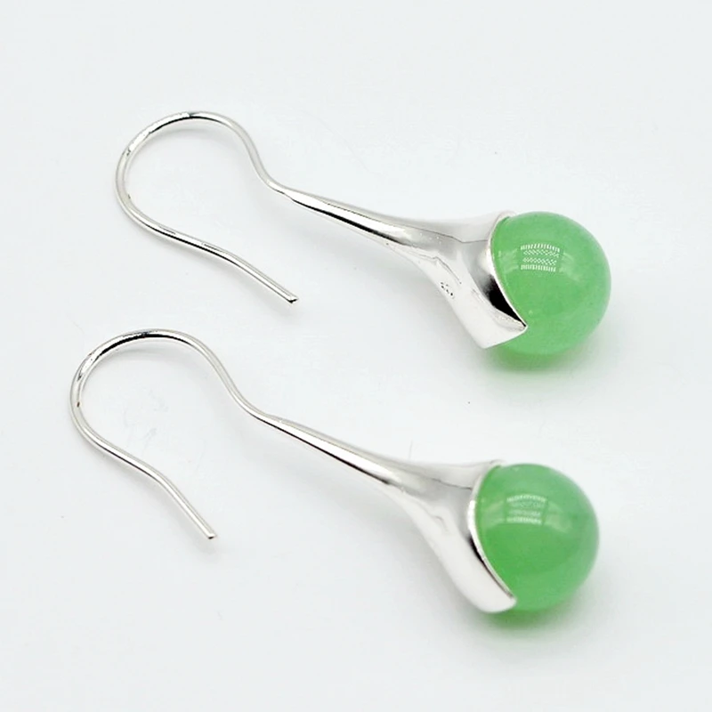 Dámske strieborné náušnice Zelený jade loptu prívesok 925 Sterling Silver Jade náušnice Dámske dlhé náušnice