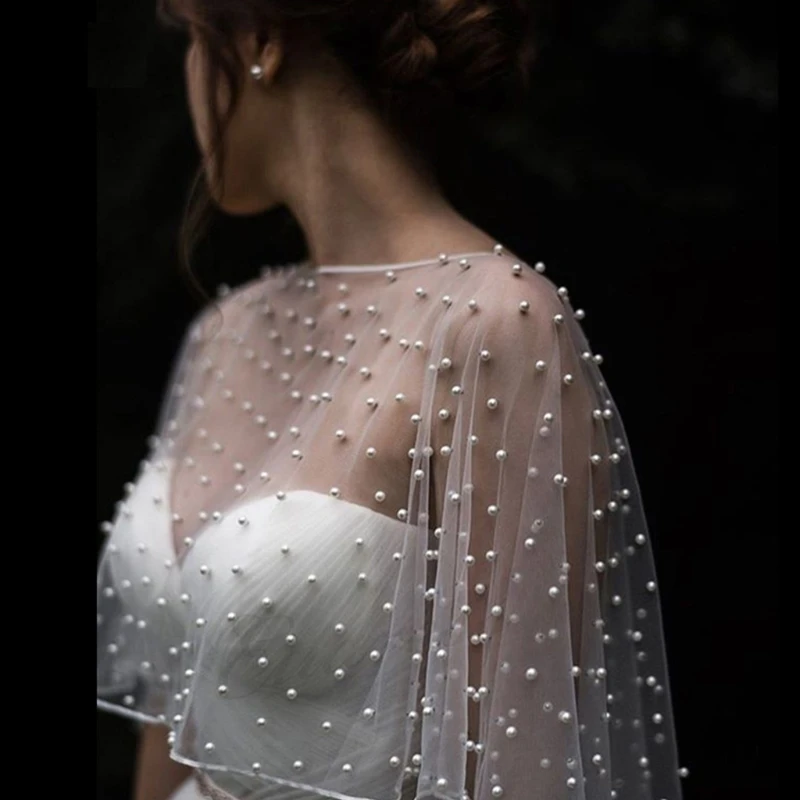 Dámske svadobné svadobné šatky zábalová kaplet na priehľadné perlové korálky bunda Bolero Tulle Cape Družička Lace-up F3MD