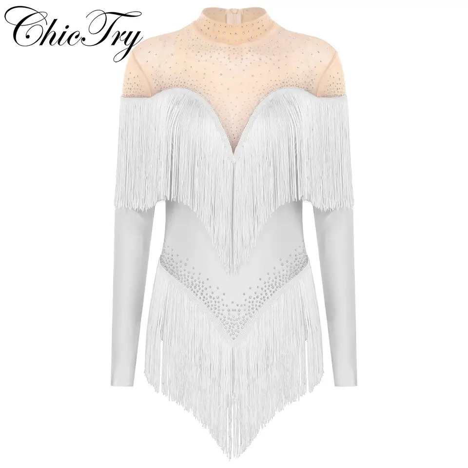 Dámske Tassel Latin Dance Leotard Korčuľovanie Korčuľovanie Bodysuit s dlhým rukávom číre pletivo kamienky gymnastika Performance Dancewear