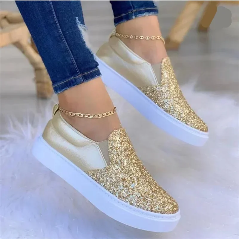 Dámske topánky krištáľové sklzy na plochých jarných mokasároch Dámy Jeseň Glitter Platform Fashion Moccasins tenisk tenis ženský sklz-on