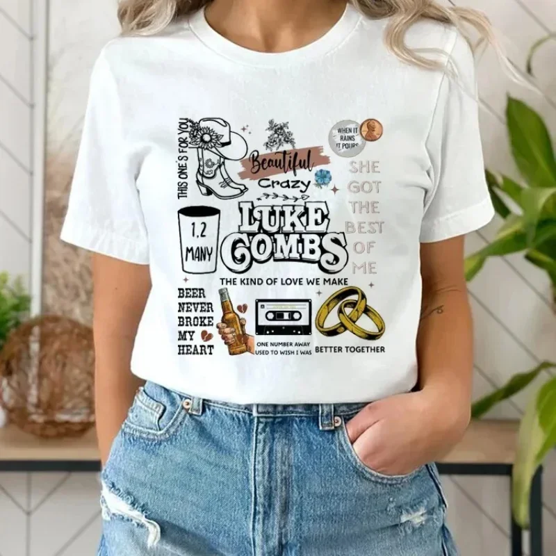 Dámske tričko Luke Combs Krásne bláznivé doodles Vytlačené trendy ulica Cartoon Pattern Street Príležitostné dámske dámske Top-neck T-shir