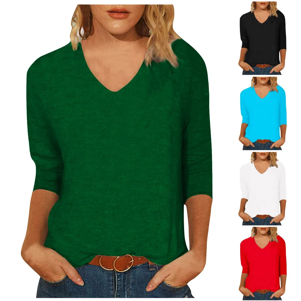 Dámske tričko módne módne každodenné všestranné všestranné V-Neck 3/4 dĺžka rukávov Tops Pasné farby Tlačené Tričko Top top