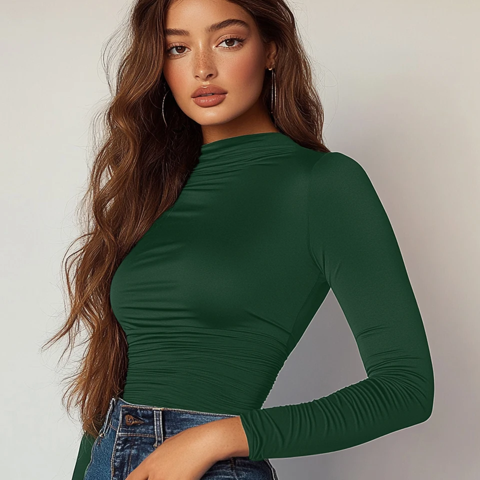 Dámske tričká Mia Muse jesenná klietka Slim Green Green Long Ruckve Drobné tričká