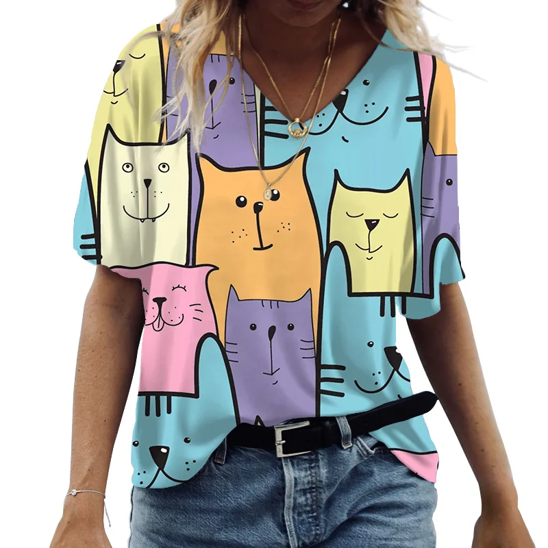 Dámske tričká s virhanom roztomilé mačky Grafika Vytlačená topy s krátkym rukávom Summer kawaii módne príležitostné odpaliská streetwear ženské oblečenie