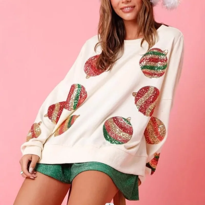 Dámske vianočné mikiny iskrivé flitry Flitrové guľky tlač s dlhým rukávom posádka krku s nadmerné vrcholy Y2K Hoodie Streetwear