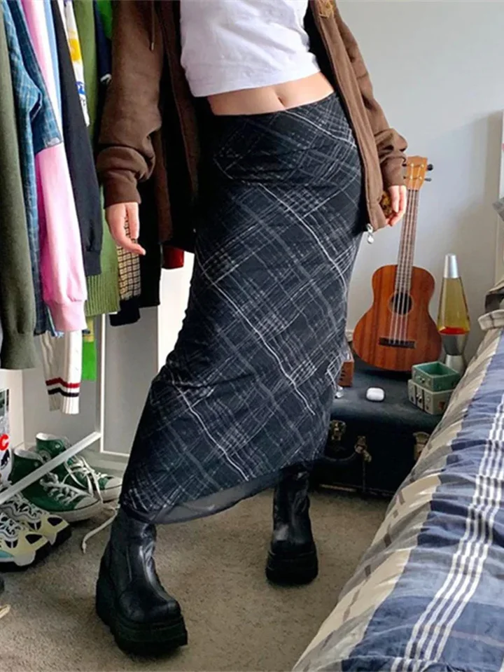 Dámske vinobranie kockované dlhé sukne Kórejské módne sukne Summer jeseň y2k estetický grunge club Streetwear