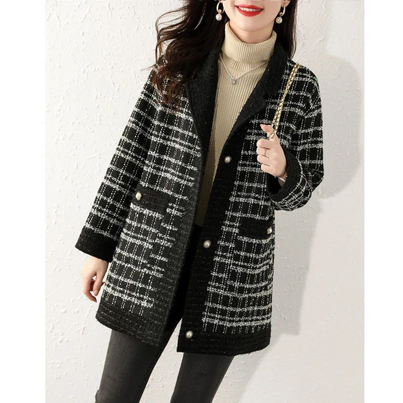 Dámske vlnené plášť Plaid tlač husté midi zmesi gombíky Otočte obojok ležérne bundy vrecko Elegantná dáma jesenná zima