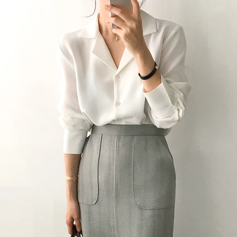 Dámske vrcholy a blúzky Slidné biele blúzka Kancelária Blusas Mujer de Moda 2024 Blúzka s dlhým rukávom Dámske košele oblečenie A405