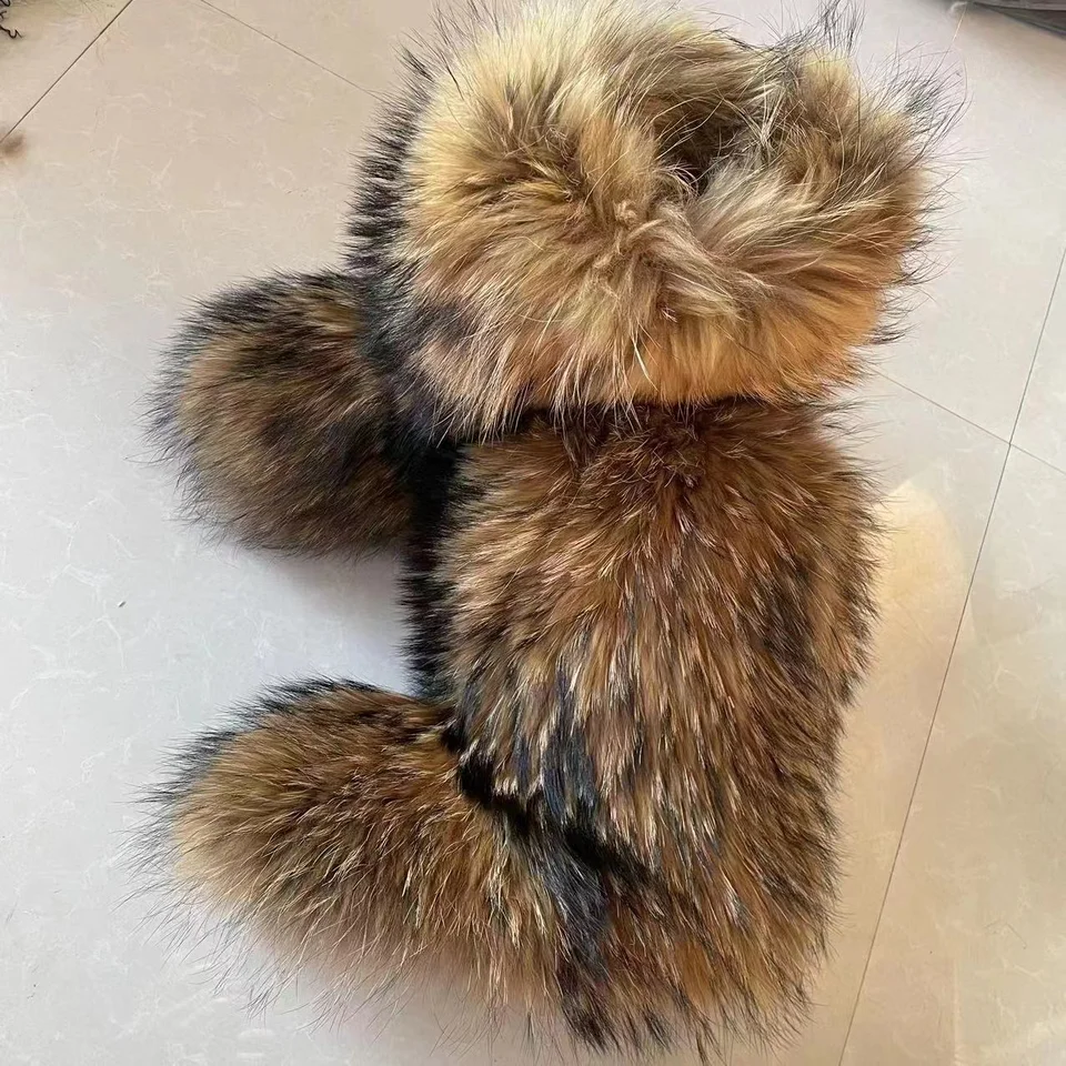 Dámske zimné snehové topánky Vonkajšie luxusné chlpaté Furry Skutočné mývalové kožušinové topánky Žena Fox Fox Fur Warm Platform Shoes Shoes Big Veľká veľkosť Bottes