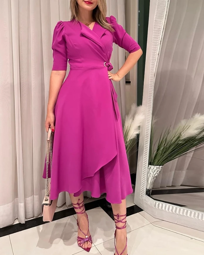 Dámske šaty 2025 jar Nové elegantné elegantné rukávové rukávy V-puff Rufles Replanting Mid-Calf šaty ležérne Plain Denne dlhé šaty