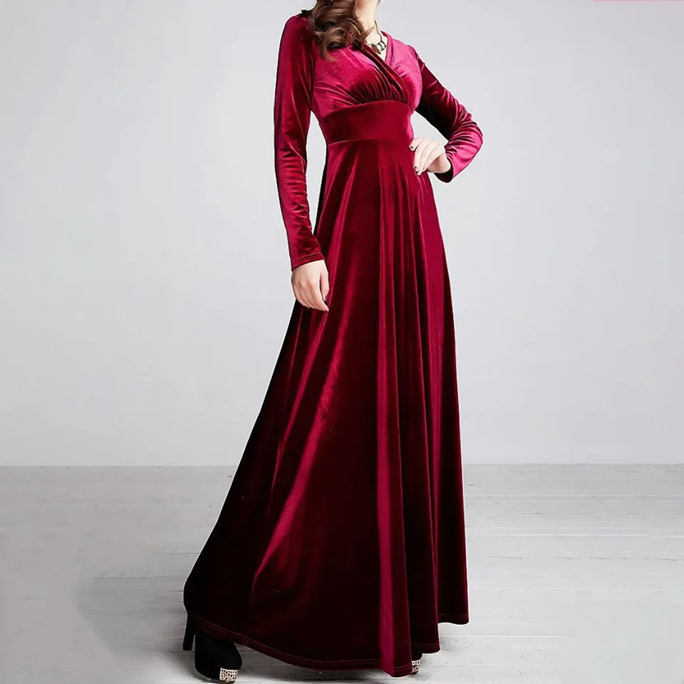 Dámske šaty Jeseň a zimné zamatové V-krk Slidná farba Dlhé rukávy Dlhodobé šaty Elegantné večerné šaty na večerné večierky Red Velvet