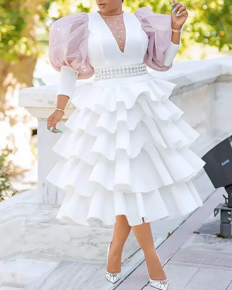Dámske šaty torty biele šaty dlhé puzdro Rukáv Slim Party okrúhly krk High Pase Elegantný spoj
