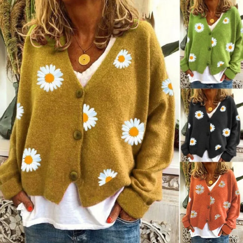 Dámsky Daisy vyšívaný pletený sveter zelený sveter single Breasted Autumn