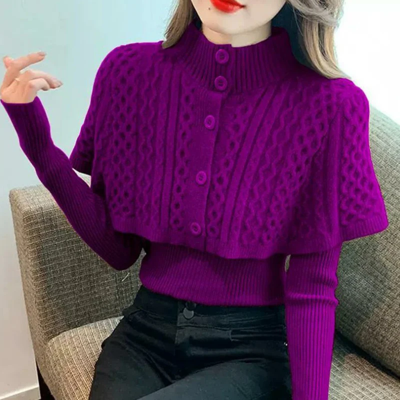 Dámsky single Breased Mardigan Autumn Slim Pleted Sweater High-Neck Kórejský vintage vintage sveter Cape Shawl Sweater Dvojdielne svetre