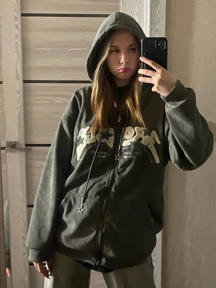 Dámsky vintage lista vyšívaný vzorový sveter Solid Brown Street Hoodie Dámska voľný zips hiphopový sveter sveter