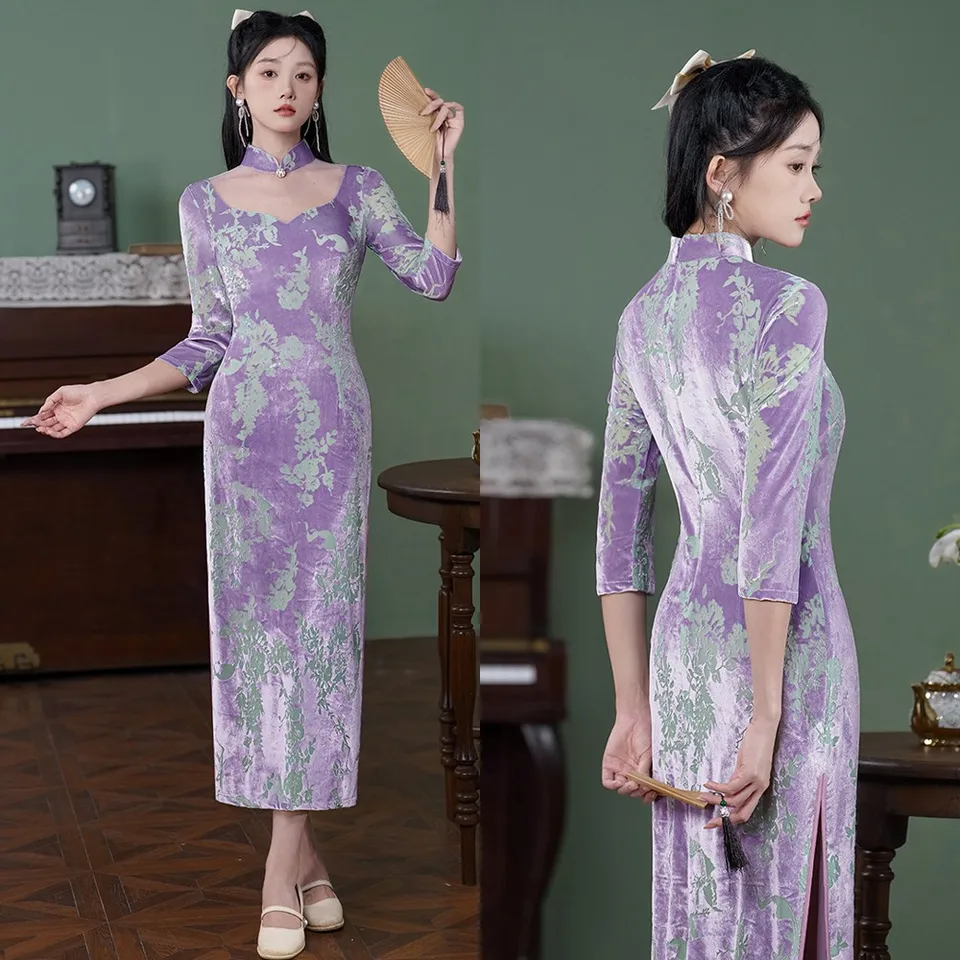 Dámy 2024 Jeseň Nová velor tlač Qipao Čínska tradícia Cheongsam retro mladé dievča Slim Women Daily Dress Street Sukňa