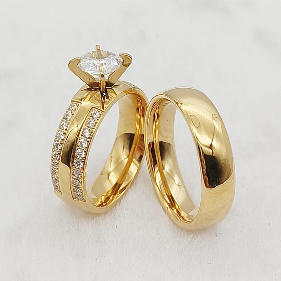 Dámy Big Stone Cz Diamond Engagement Promisy Výročie svadobné prstene pre páry Dubaj 24K Zlaté nerezové šperky