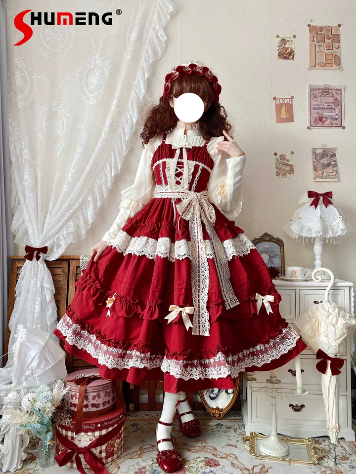 Dámy elegantné červené Lolita JSK Suspender šaty Dámske čipkované dievčatá retro sladké štíhle popruhy dlhé šaty Nové jeseň a zima