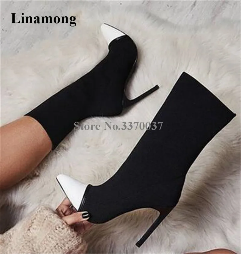 Dámy sexy módne kožené špicaté špicaté prsty elastické tenké päty krátke topánky Patchwork obväz s vysokým podpätkom členky topánky Party Club Shoes