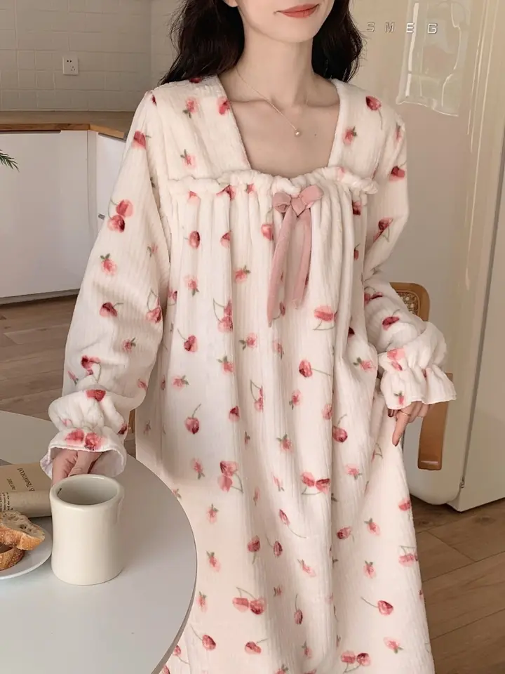 Dámy sladké nočné dresy Ženy s dlhým rukávom Nighties Square Collar 2xl Plus veľkosť Homewear Suit Female Sweet Print Sleepdress