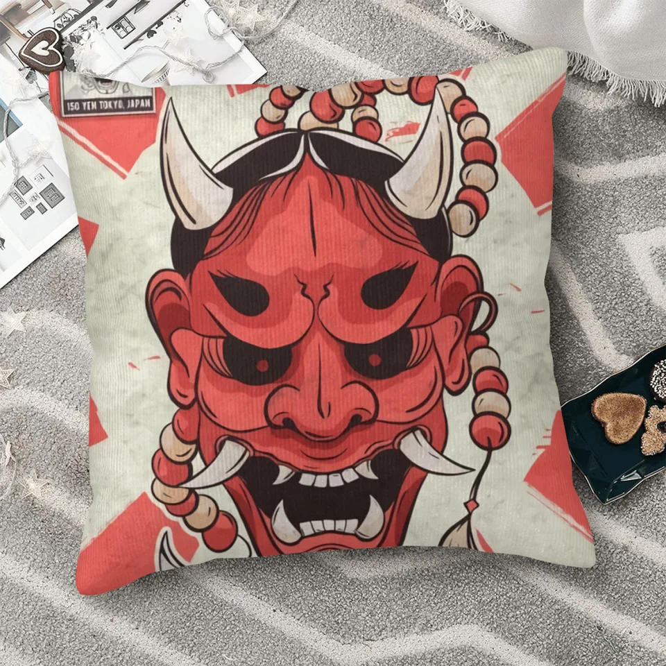 Démon Oni maska ​​yokai poštovú pečiatku japonský estetický japonský kryt vankúša polyesteru pre domáce dekoratívne priedušné