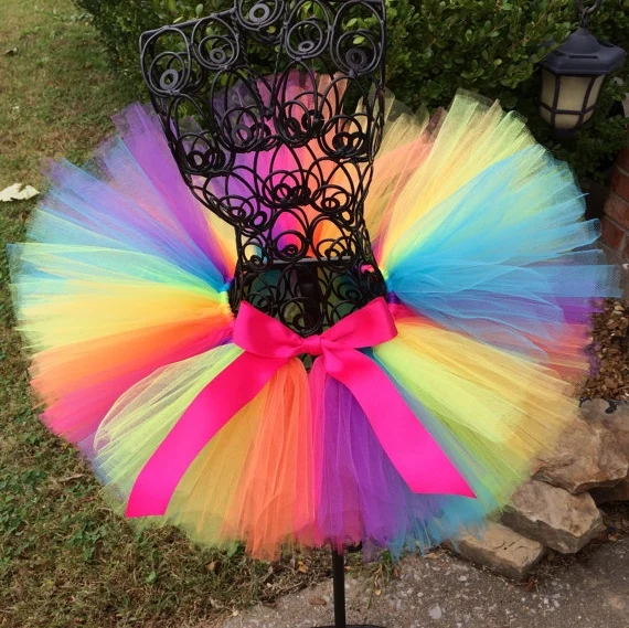 Dúha tutu sukňa dievčatko vyrábané ručne vyrábané tylové sukne baletný tanec pettiskirts tutus s ružovou stužkou