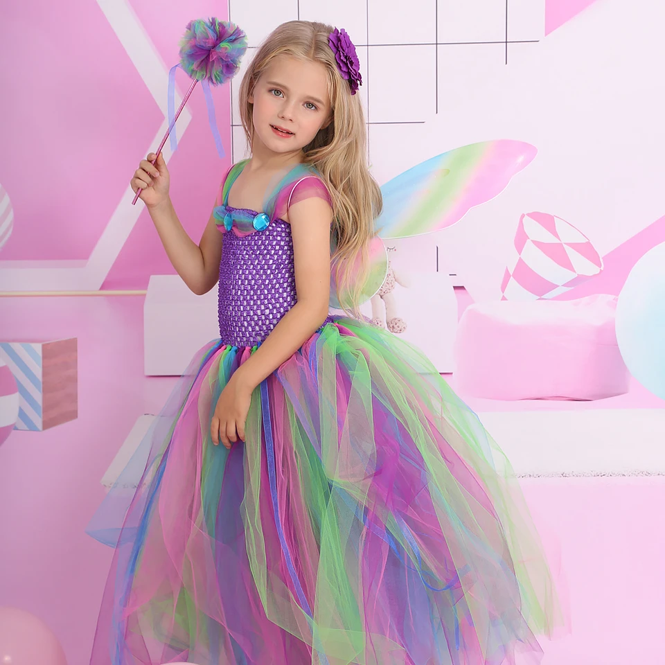 Dúhové dievčatá víla Tutu šaty detské párty šaty Karneval cosplay kostým princezná večierok plesové šaty kvetinové dievčatá svadobné šaty