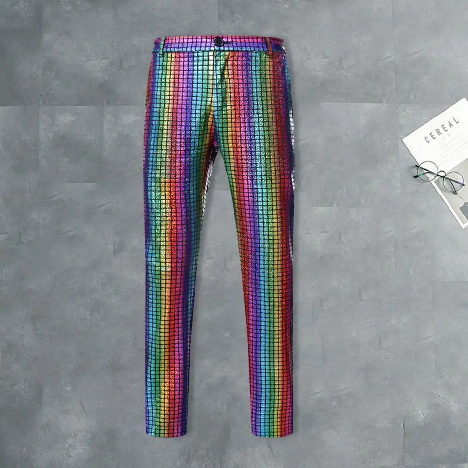 Dúhové kockované flitry trblietky nohavice Men 70. roky Disco párty tanečnice spevák nohavice Mens nočné klub DJ pódium Prom Pantalones hombre 3xl