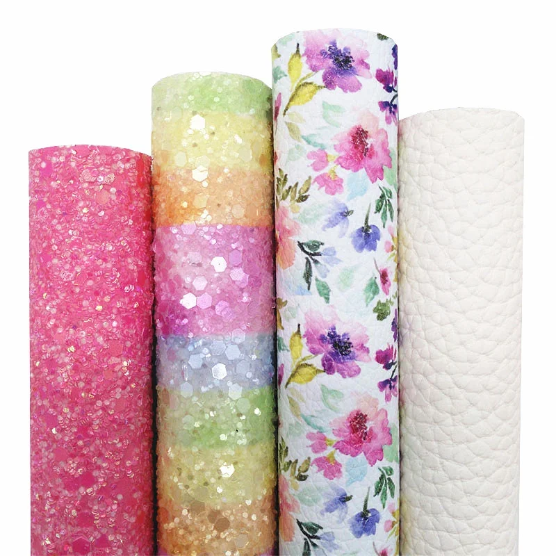 Dúhové pruhy potlačené robustné trblietavé kožené listy Spring kvety kvetinové plsné podložia vinylová tkanina pre luky DIY 21x29cm q1867