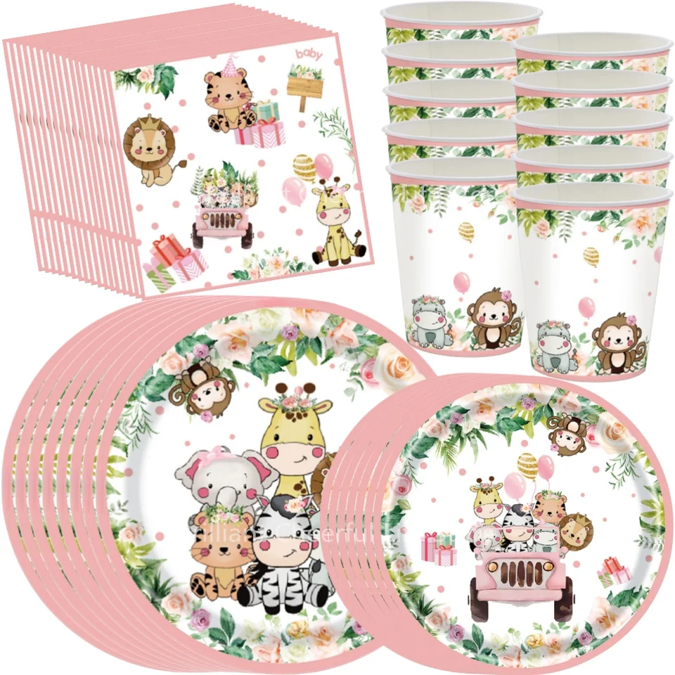 Džungľa safari Party dekorácie Pink Animal Print Tlach Set Paper Cup Plate Struhy bábätká Detská sprcha Detské narodeninové oslavy Dodávky