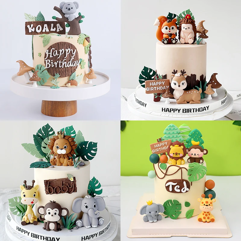 Džungľa zvierací koláč Topper Kit Plam listy Safari lev žirafy slon Doll Cake dekor divoký deť