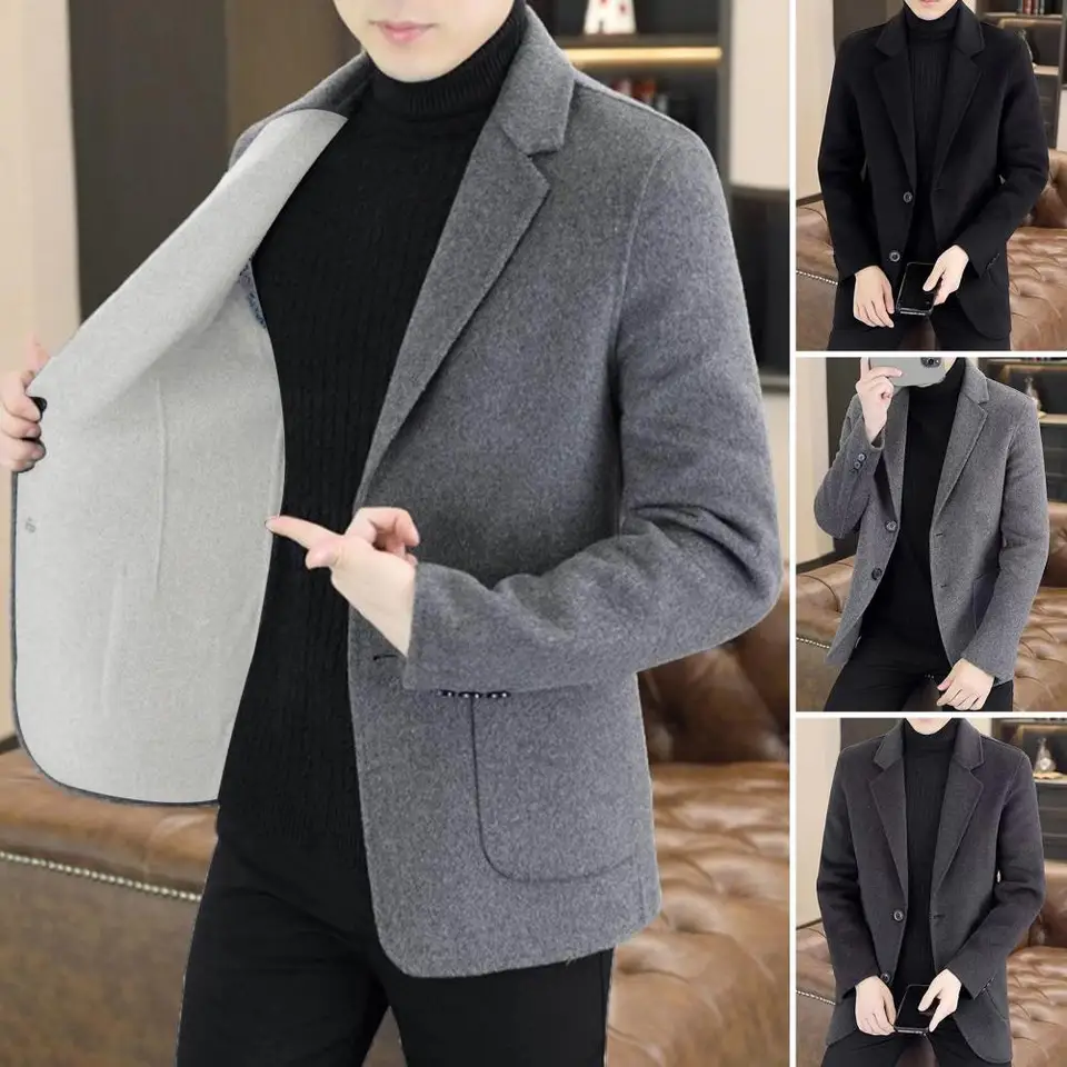 Džínsová krátka bunda muži s dlhým rukávom oblek s zvislými vreckami elegantný vlnený oblek s klopami vreckety klasický oblek bunda