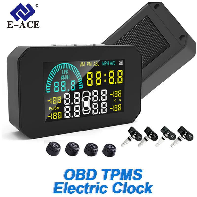 E-ACE K15 TPMS Monitorovanie tlaku Systém Solar Power Speed ​​Spotrebovanie paliva LCD Displej 4 senzory tlaku v pneumatikách