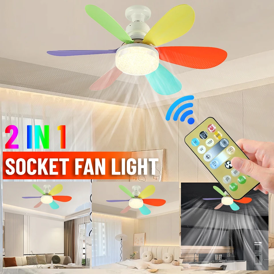E27 Smart 2-v-1 stropný ventilátor s diaľkovým ovládaním a 3-stupňový osvetľovací základ E27 AC85-265V pre osvetlenie spálne a obývacej izby