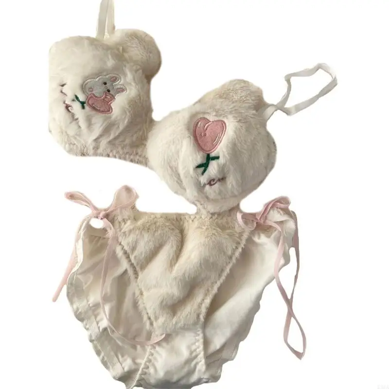E56a dámske roztomilé králičie srdce 2pcs plyšová podprsenka a kravata bočné nohavičky sada chlpatá bezdrôtová braletta spodná bielizeň cosplay anime spodná bielizeň