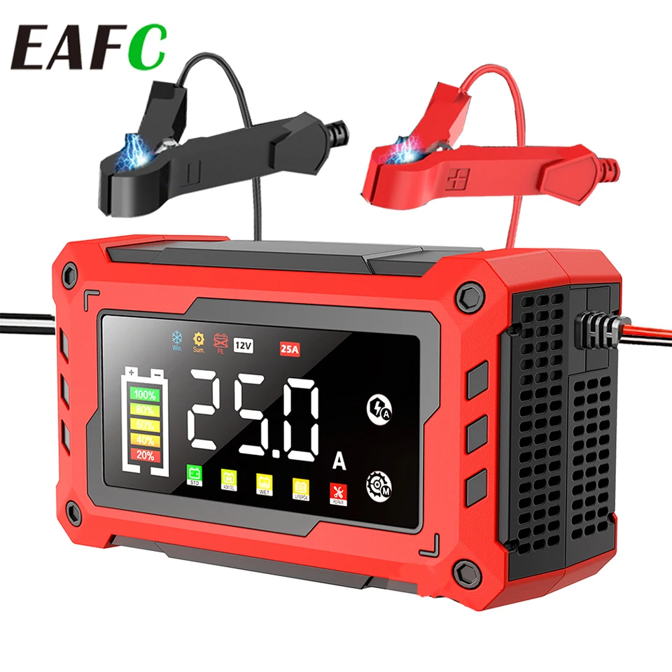 EAFC 12V-24V Car Battery Charger 15a 25A Oprava impulzov Veľká LED Displej Inteligentná nabíjačka batéria pre motocykle vozidla staré batérie